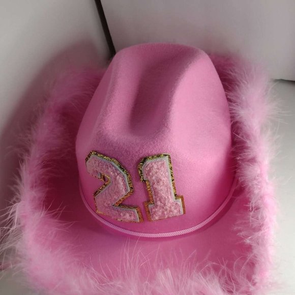 NEW 21 Birthday Cowgirl Hat with Fluffy Feathers Glasses Novelty Cowboy pink Hat - Picture 6 of 7